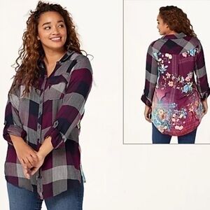 Tolani Collection Floral Panel Plaid Long Sleeve Button Down Shirt Size XS